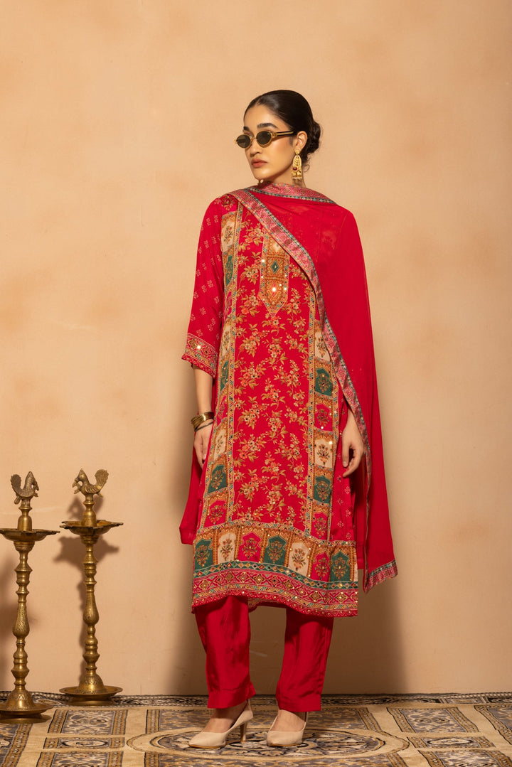 Pink Embellished Printed Kurta 3 Pcs Set