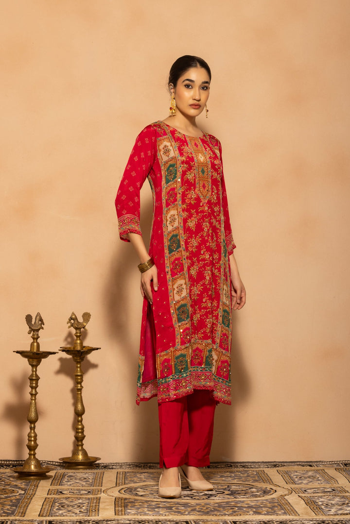 Pink Embellished Printed Kurta 3 Pcs Set