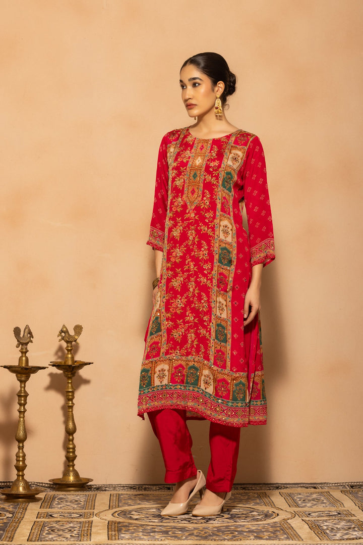 Pink Embellished Printed Kurta 3 Pcs Set