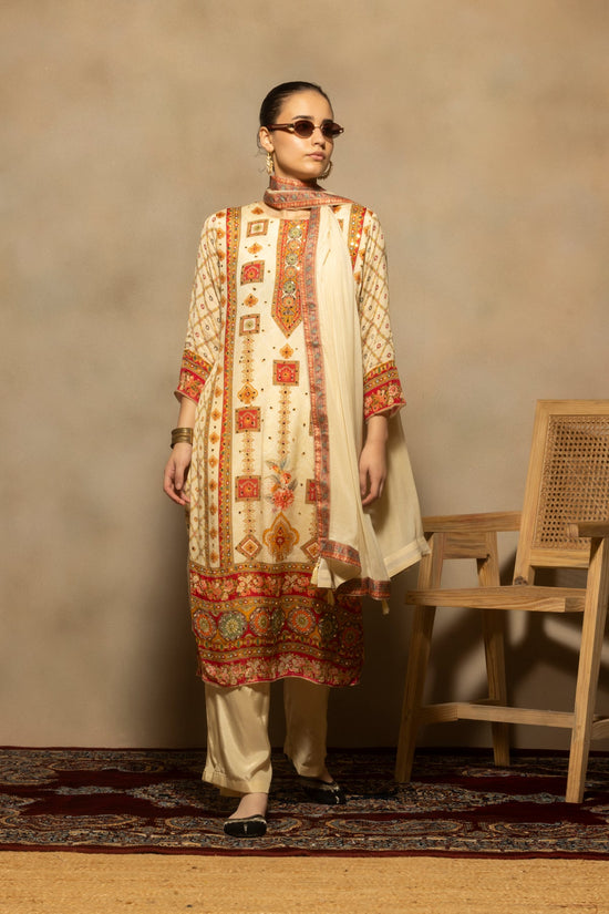 Cream Mirror Embellished Kurta 3 Pcs Set