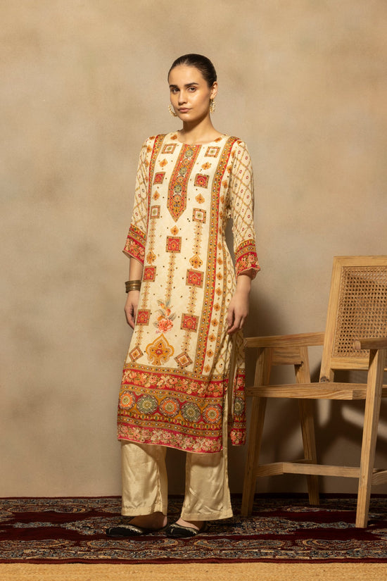 Cream Mirror Embellished Kurta 3 Pcs Set