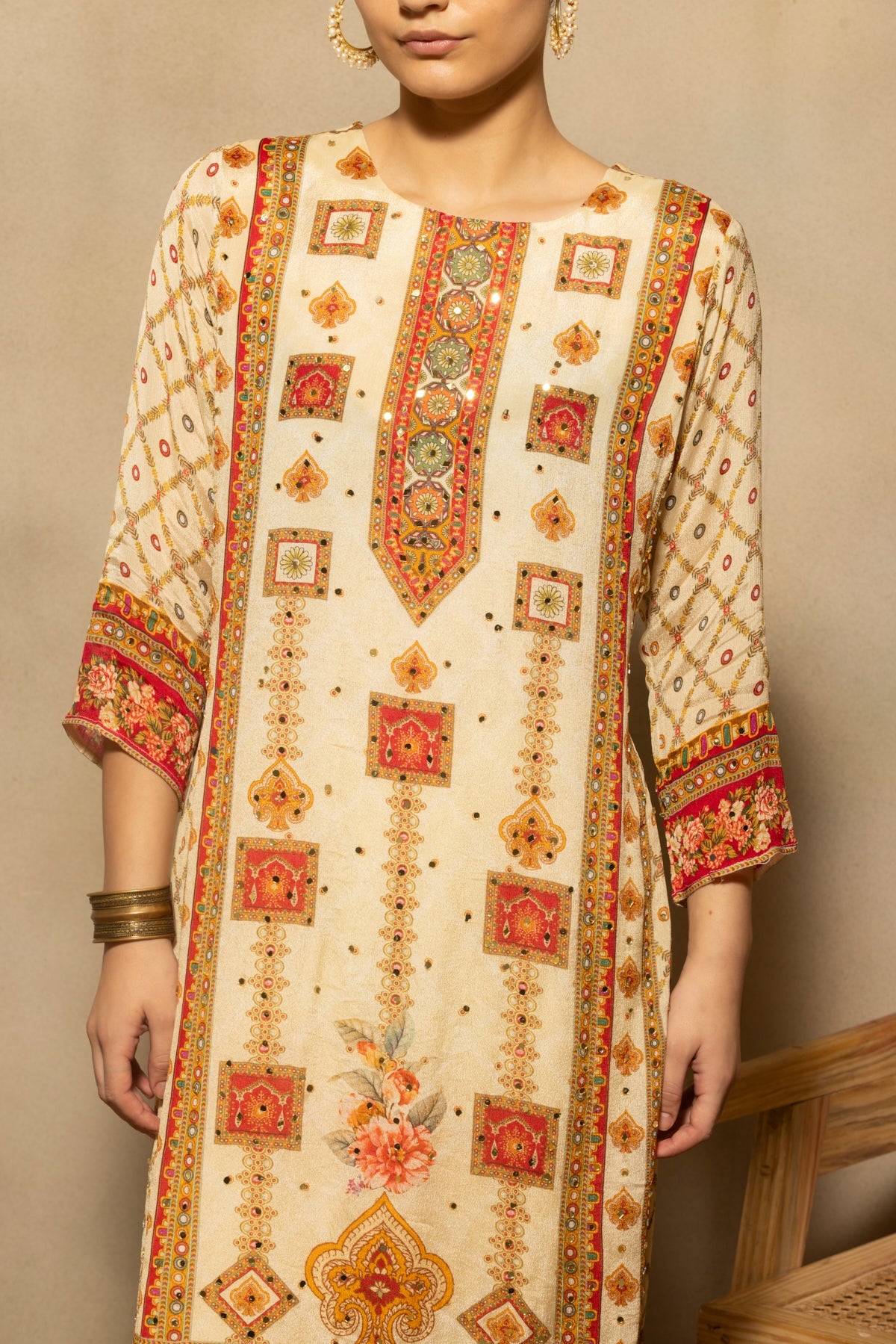 Cream Mirror Embellished Kurta 3 Pcs Set
