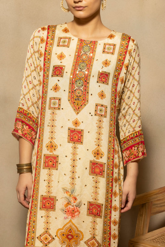 Cream Mirror Embellished Kurta 3 Pcs Set