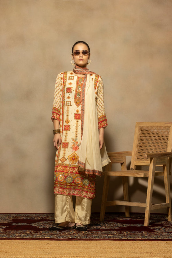Cream Mirror Embellished Kurta 3 Pcs Set