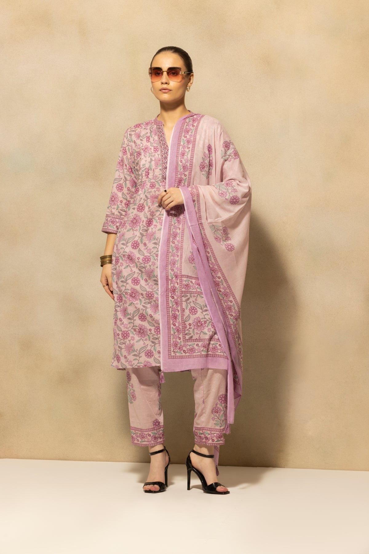 Mauve Printed Kurta 3 Pcs Set