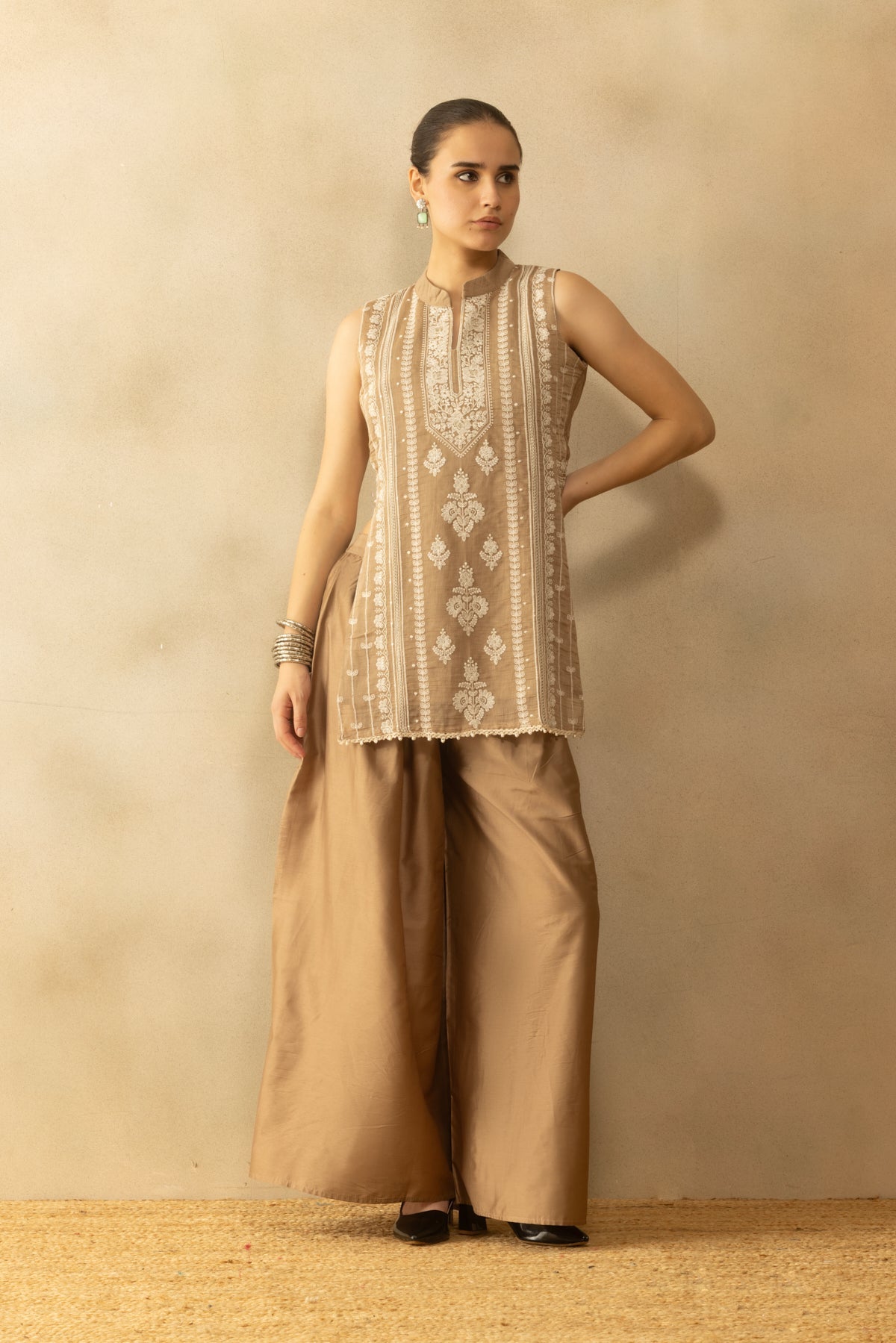 Brown Embroidered Kurta 2 Pcs Set