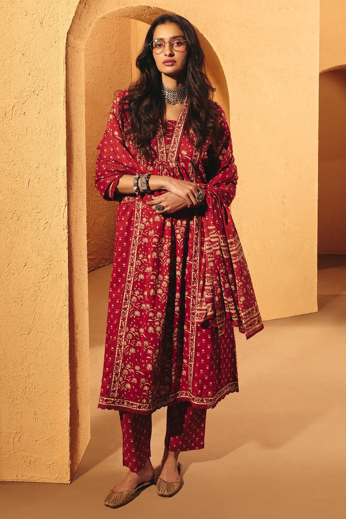 Rust Printed Flared Kurta 3 Pcs Set