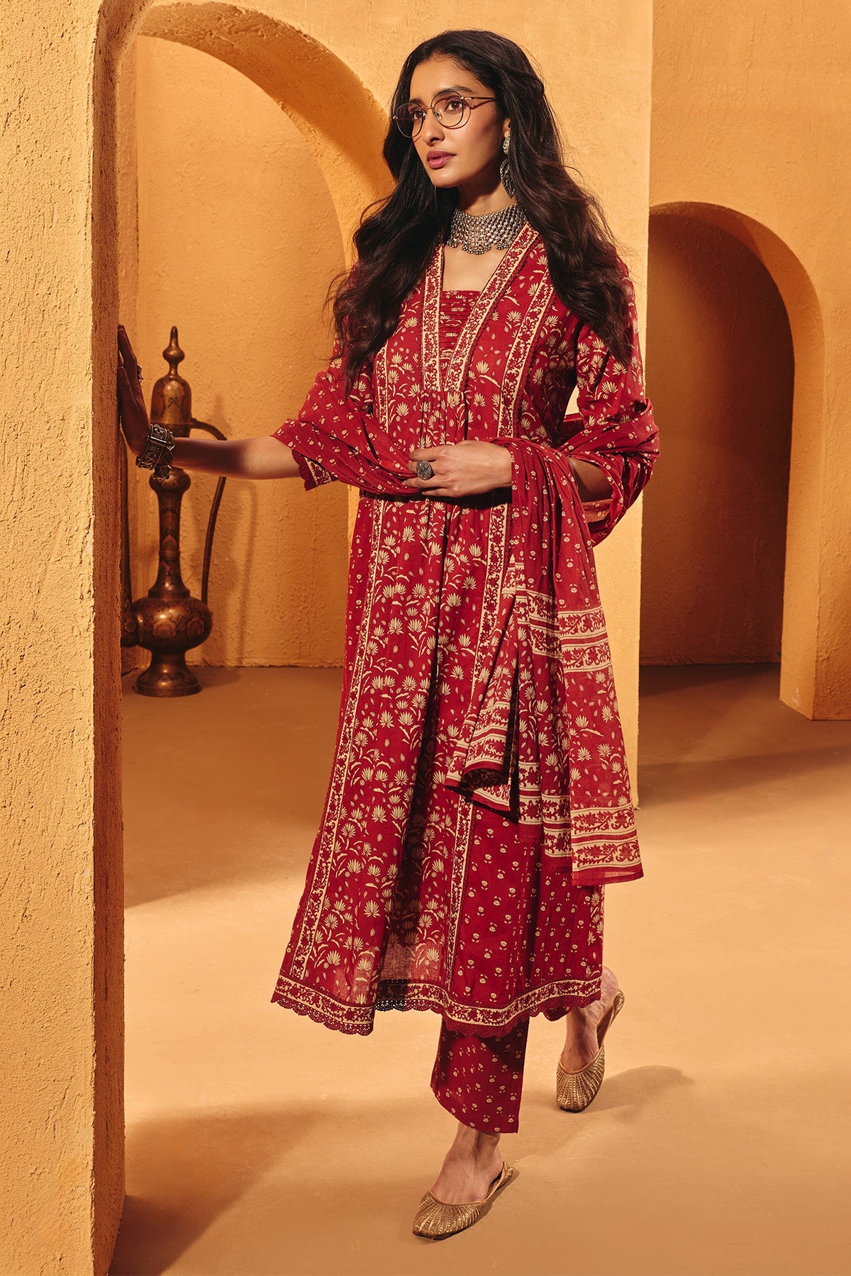 Rust Printed Flared Kurta 3 Pcs Set