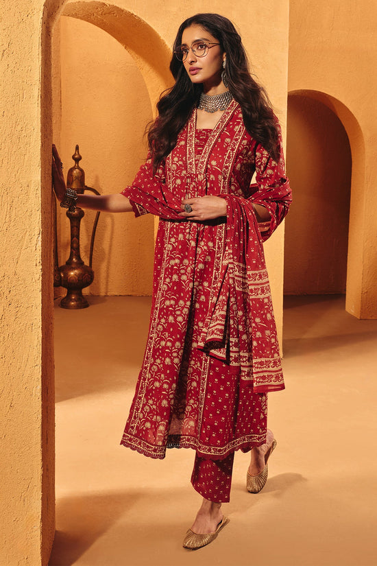 Rust Printed Flared Kurta 3 Pcs Set
