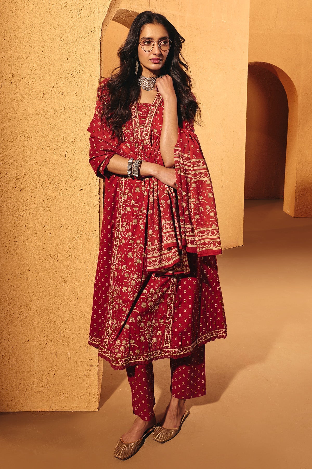 Rust Printed Flared Kurta 3 Pcs Set