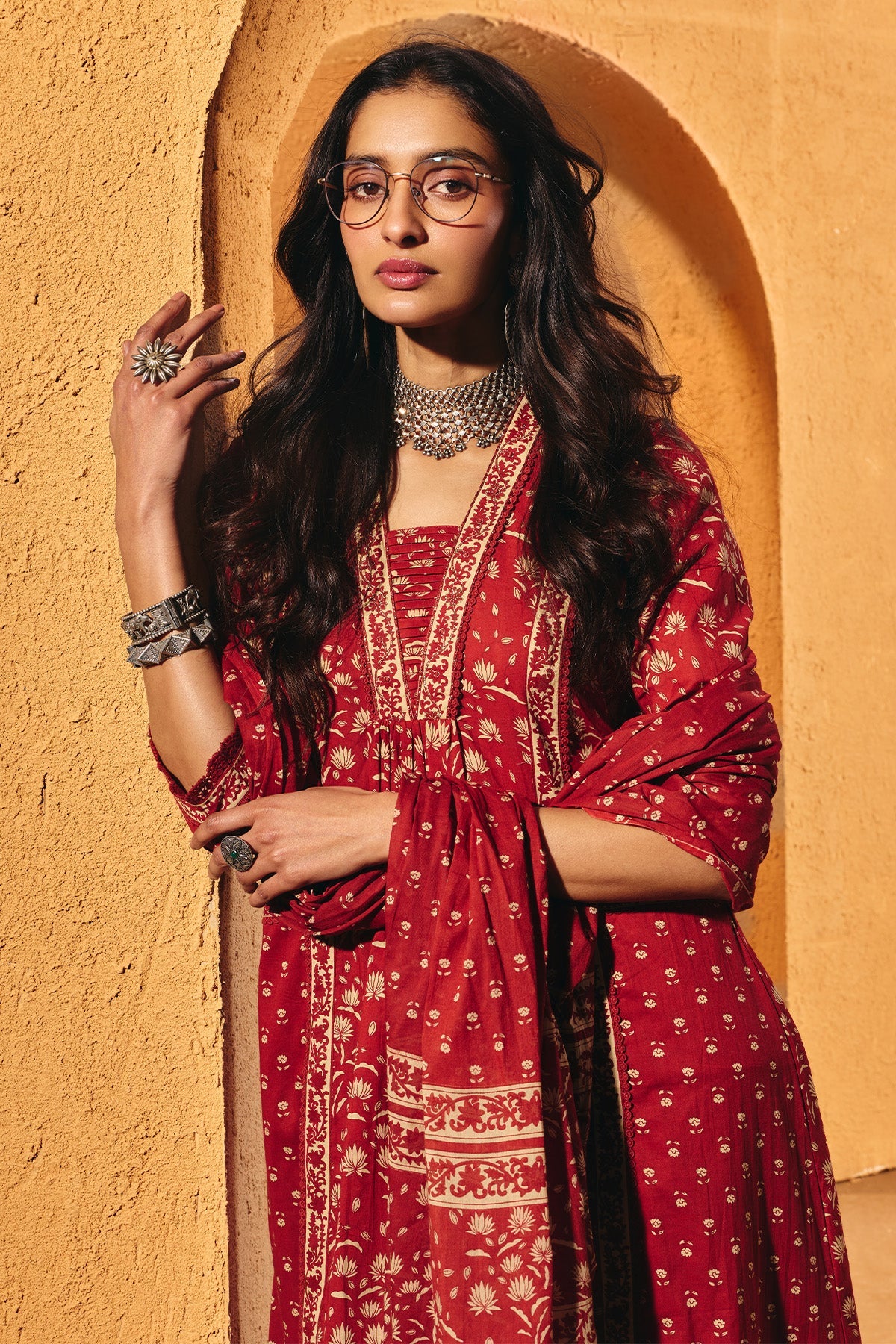 Rust Printed Flared Kurta 3 Pcs Set