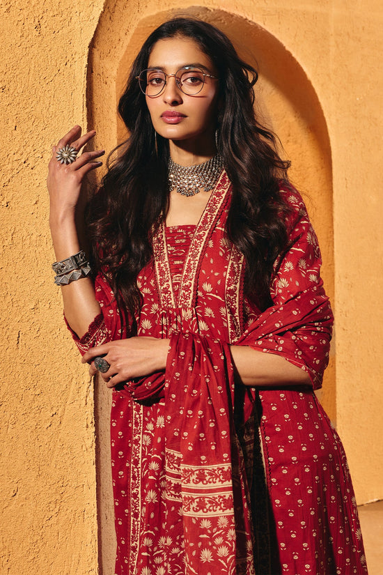 Rust Printed Flared Kurta 3 Pcs Set