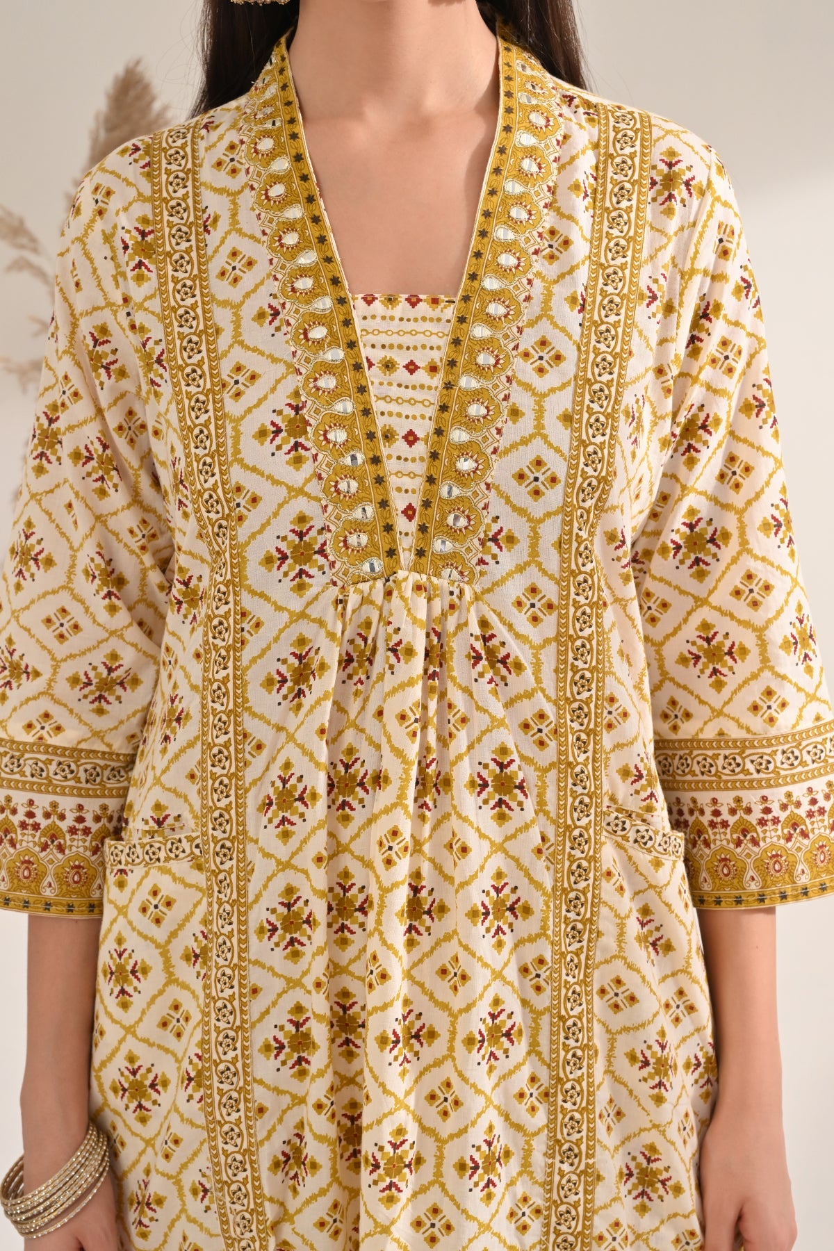 Cream Printed Flared Kurta 3 Pcs Set
