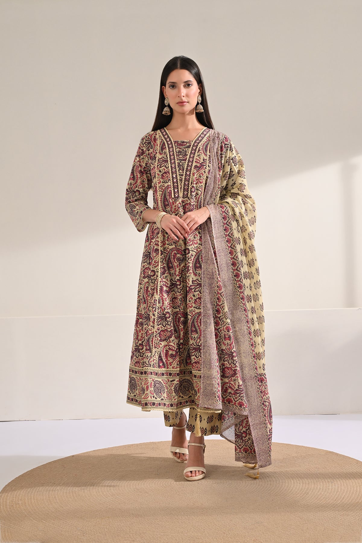 Beige Paisley Printed Flared Kurta 3 Pcs Set