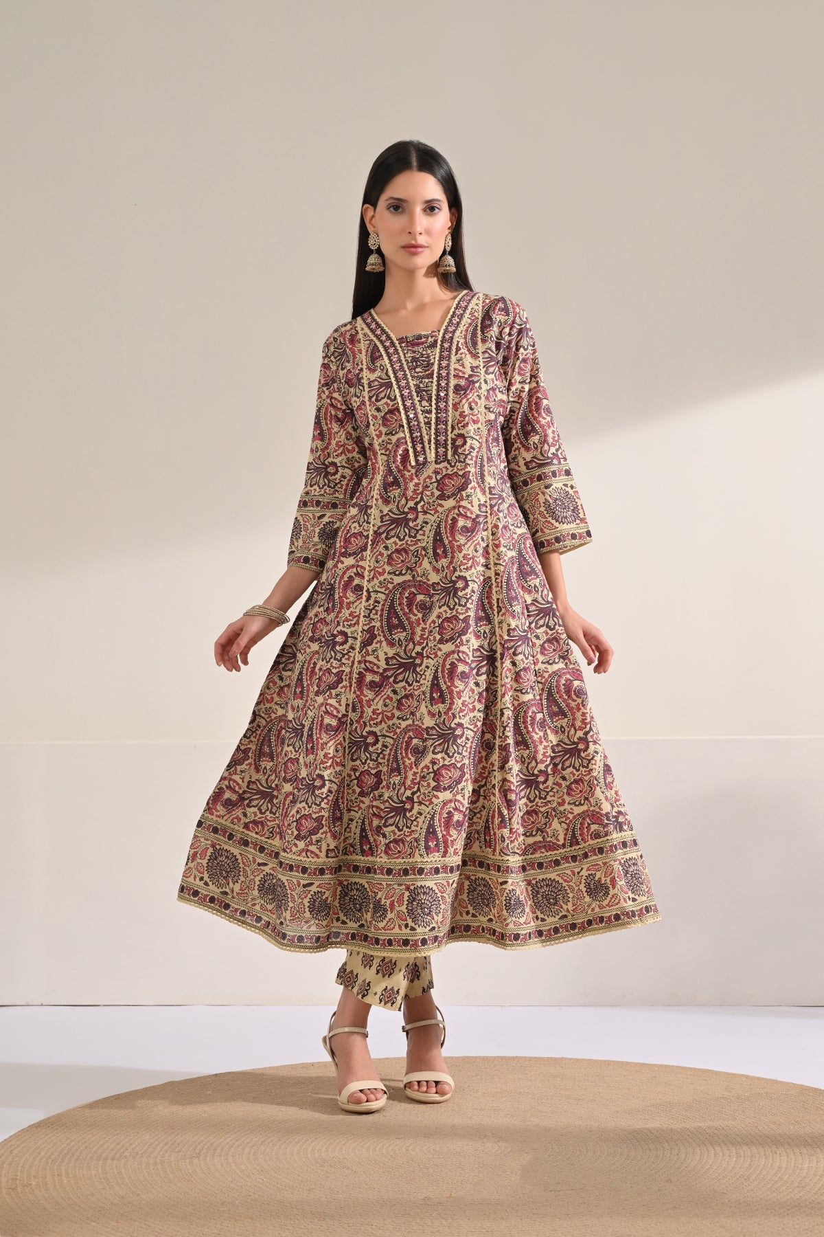 Beige Paisley Printed Flared Kurta 3 Pcs Set