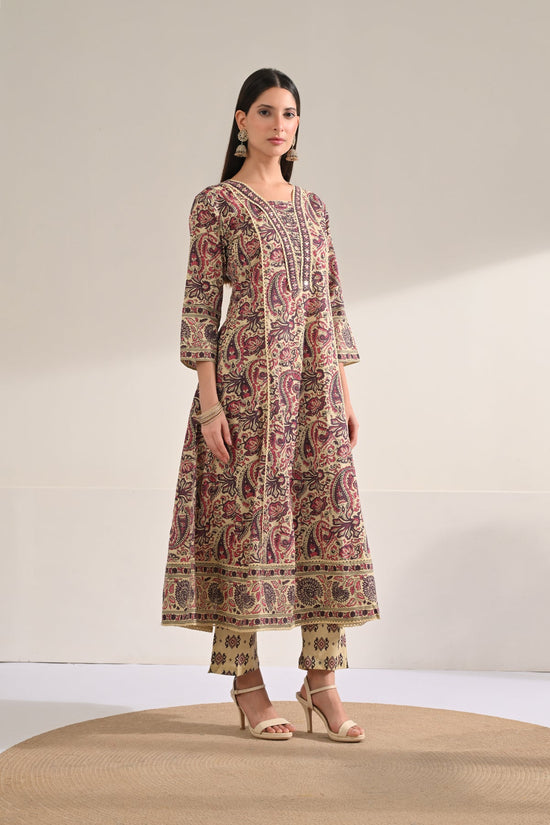 Beige Paisley Printed Flared Kurta 3 Pcs Set