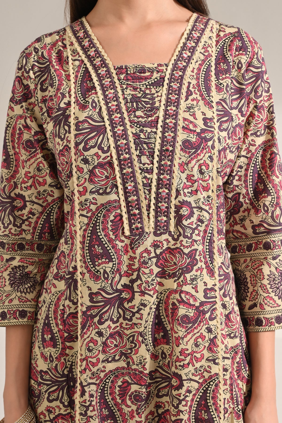 Beige Paisley Printed Flared Kurta 3 Pcs Set