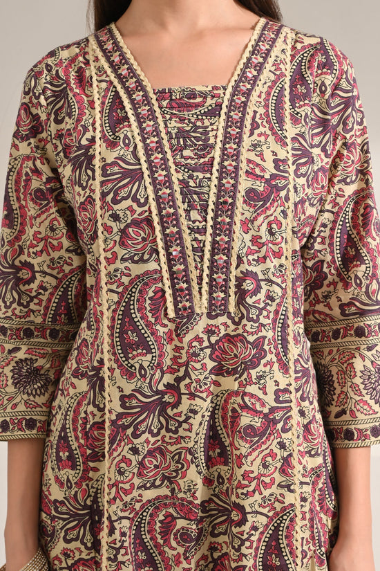 Beige Paisley Printed Flared Kurta 3 Pcs Set
