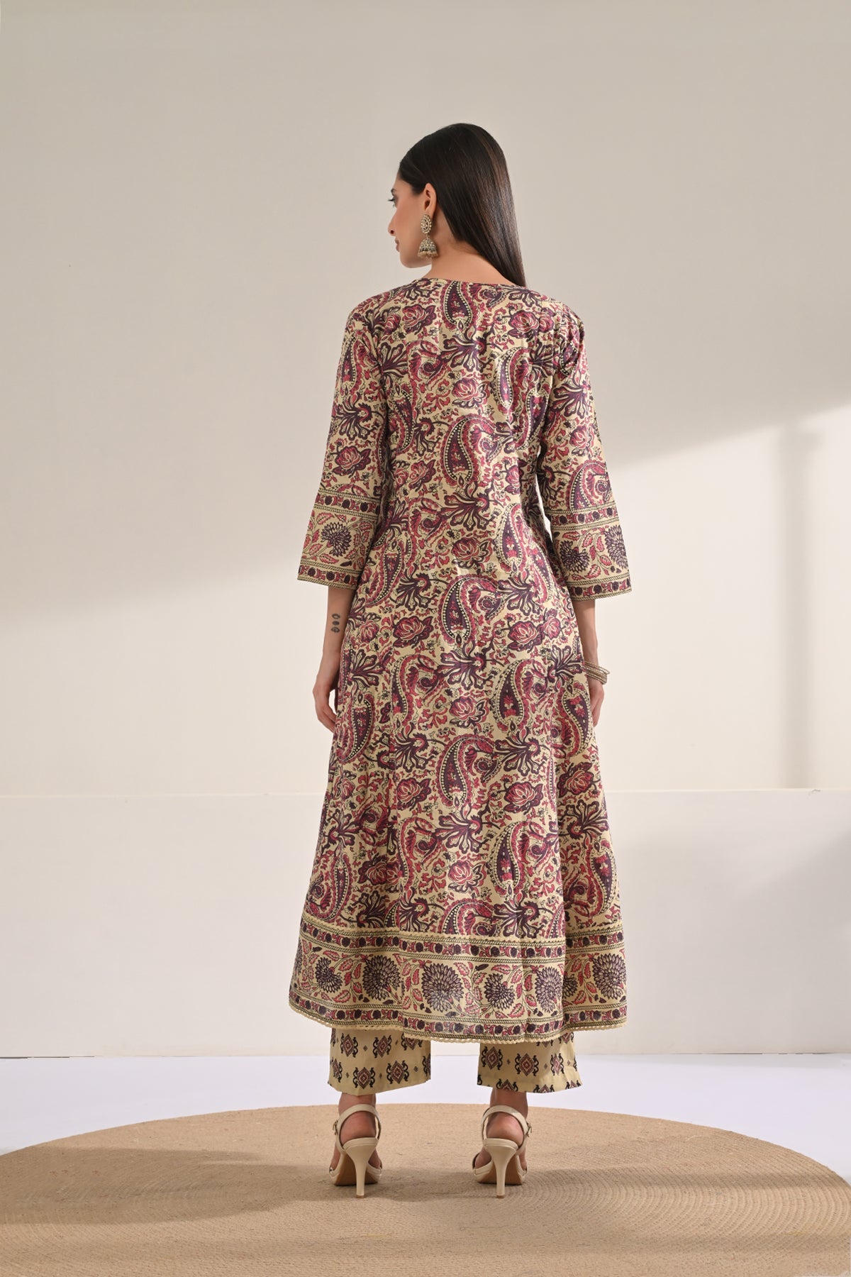 Beige Paisley Printed Flared Kurta 3 Pcs Set