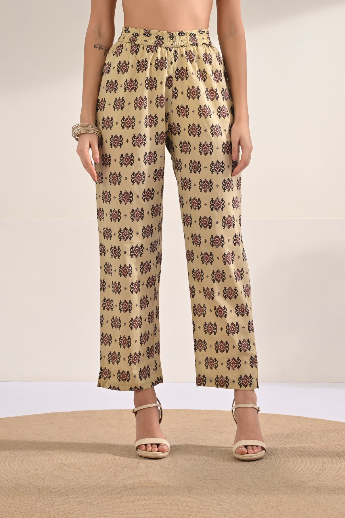 Beige Paisley Printed Flared Kurta 3 Pcs Set