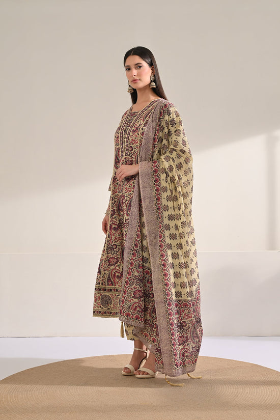 Beige Paisley Printed Flared Kurta 3 Pcs Set