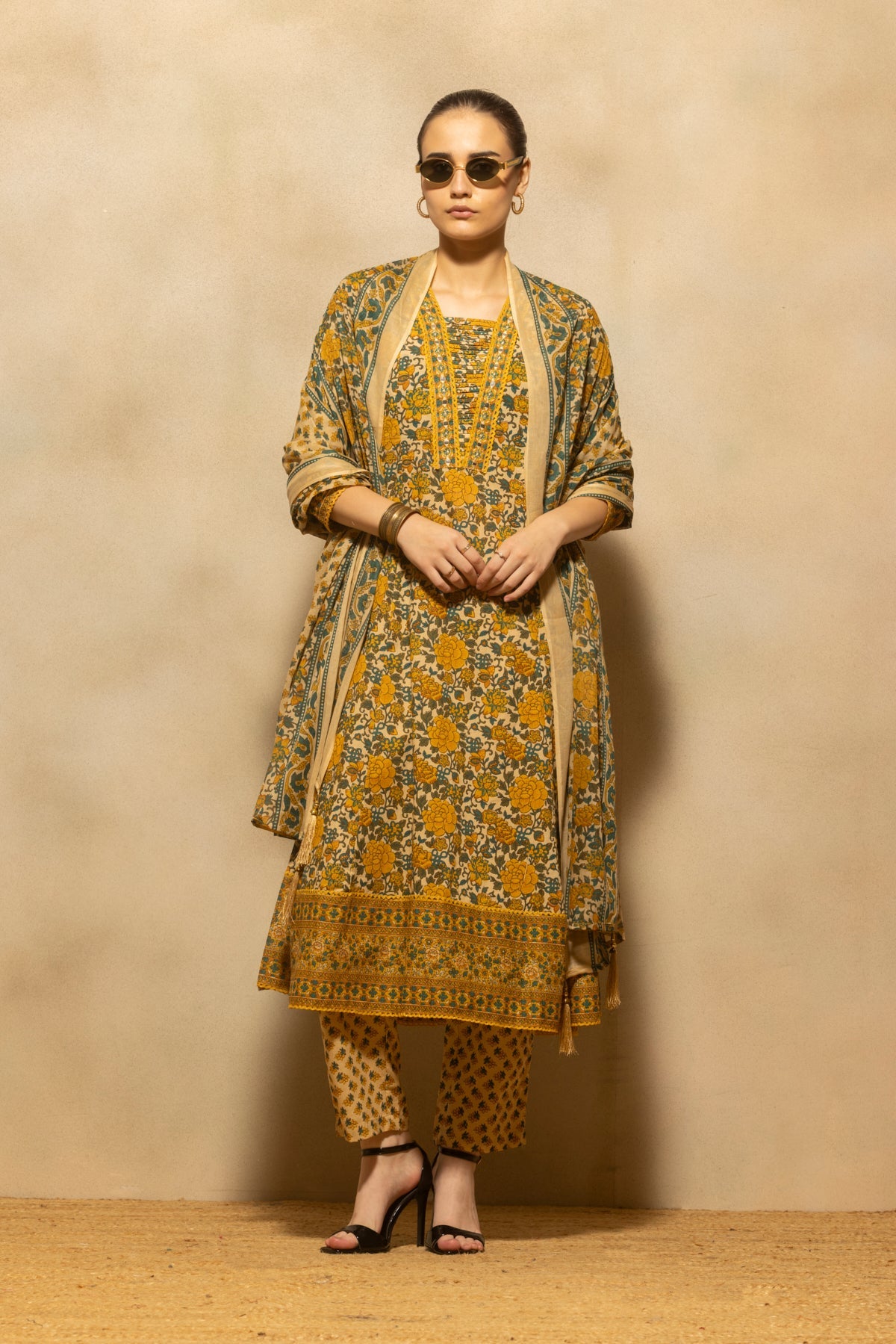 Mustard Floral Printed A-line Kurta 3 Pcs Set