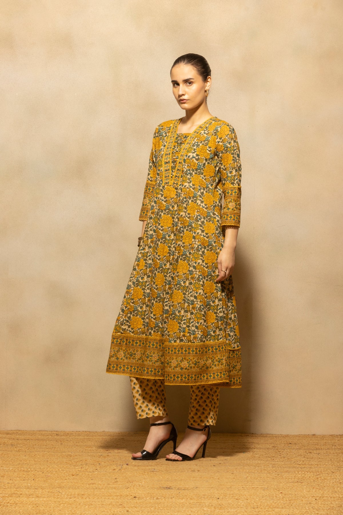 Mustard Floral Printed A-line Kurta 3 Pcs Set