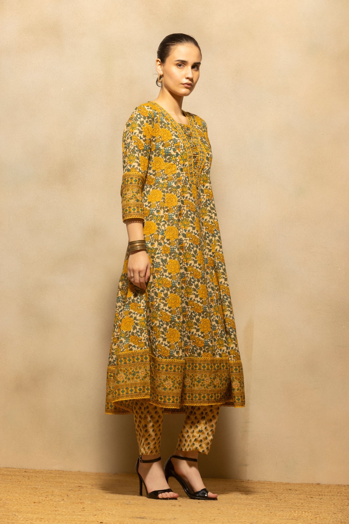 Mustard Floral Printed A-line Kurta 3 Pcs Set