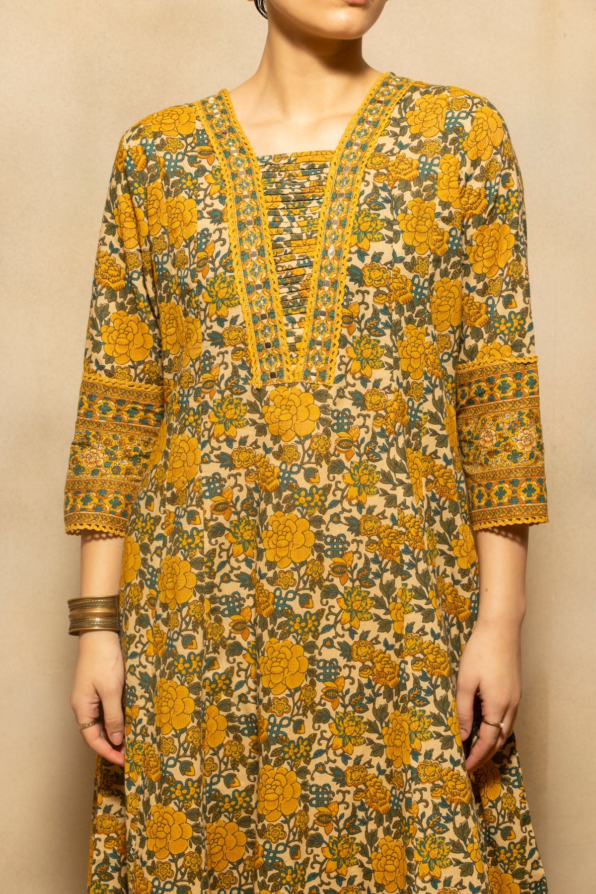 Mustard Floral Printed A-line Kurta 3 Pcs Set