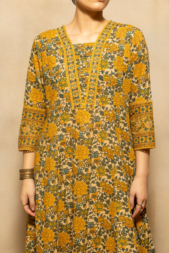 Mustard Floral Printed A-line Kurta 3 Pcs Set