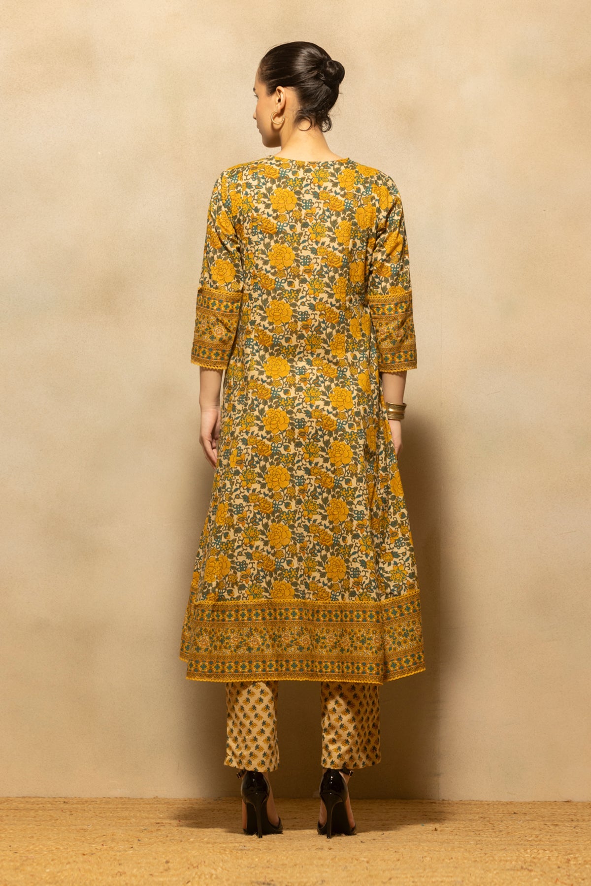 Mustard Floral Printed A-line Kurta 3 Pcs Set