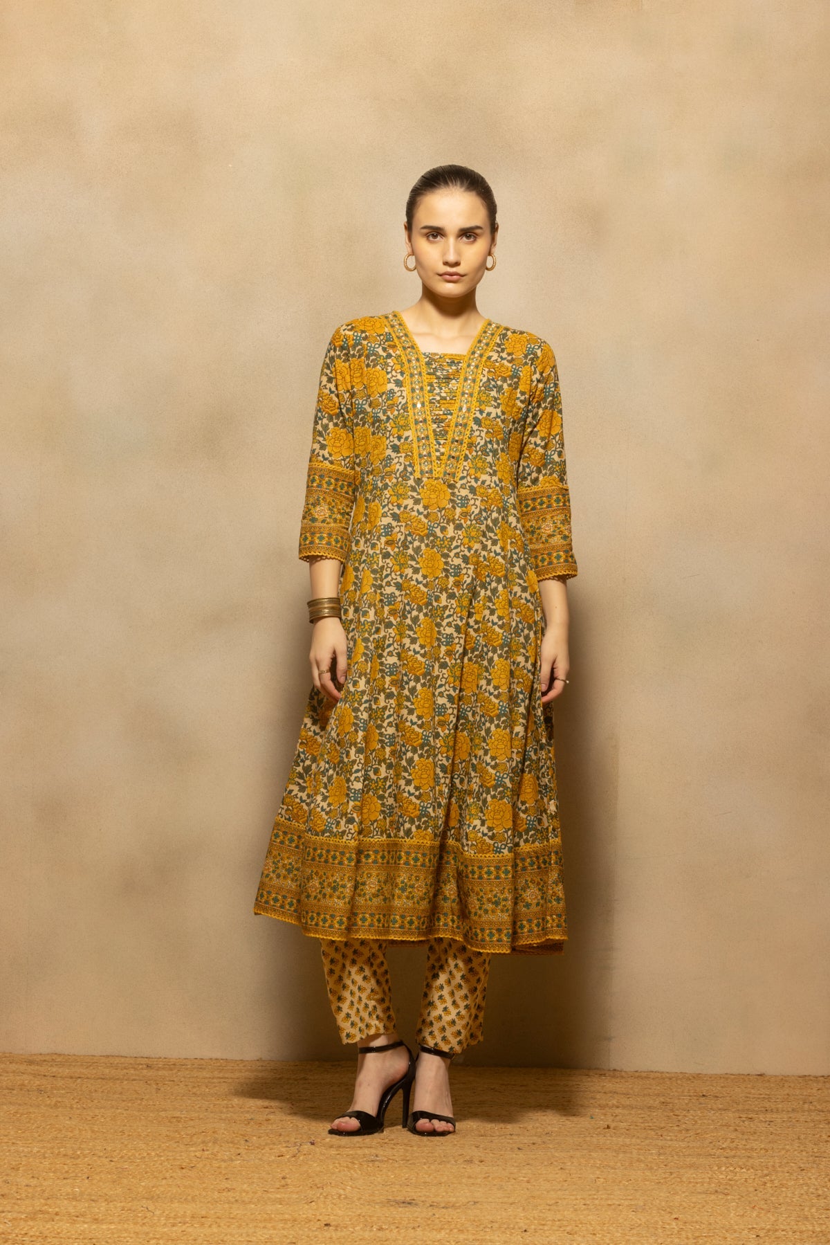 Mustard Floral Printed A-line Kurta 3 Pcs Set