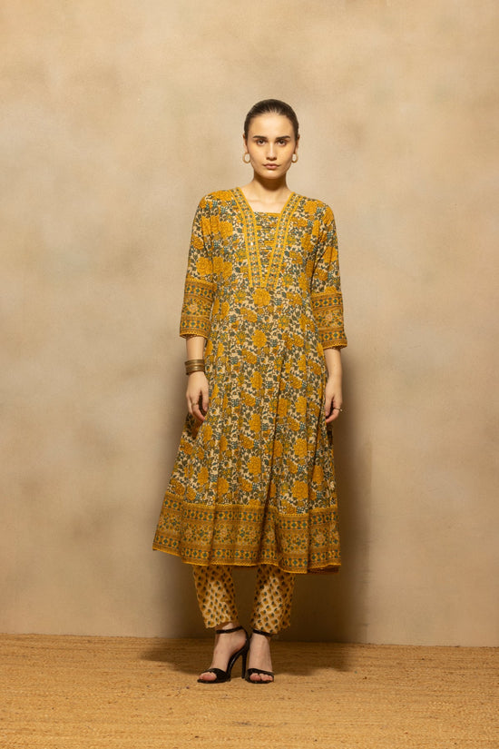 Mustard Floral Printed A-line Kurta 3 Pcs Set