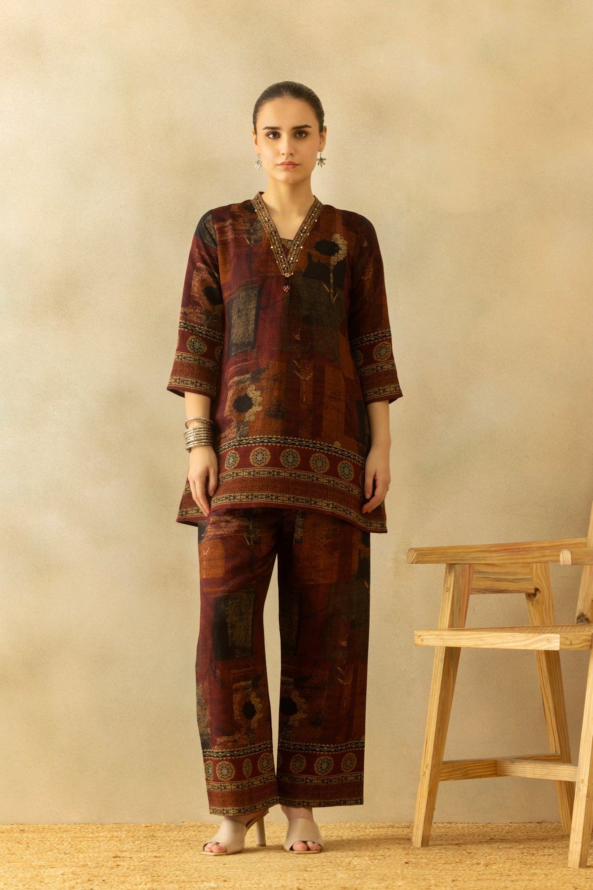 Brown Printed A-line Co-Ord Set