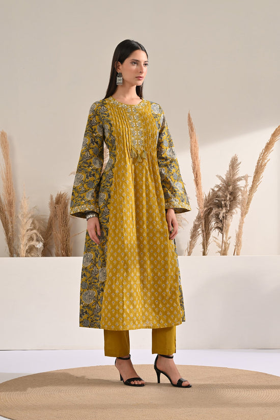 Mustard Pintex Printed A-line Kurta 3 Pcs Set