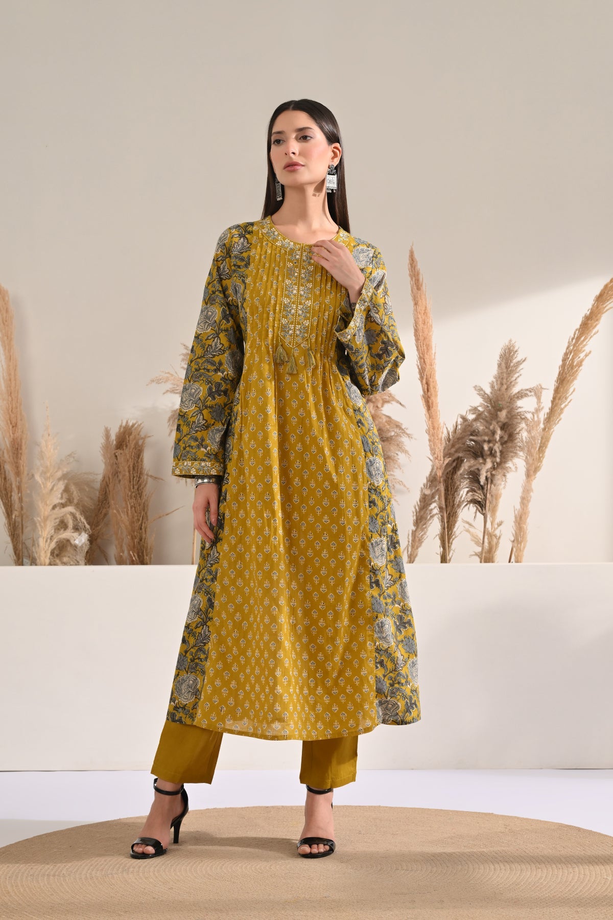 Mustard Pintex Printed A-line Kurta 3 Pcs Set