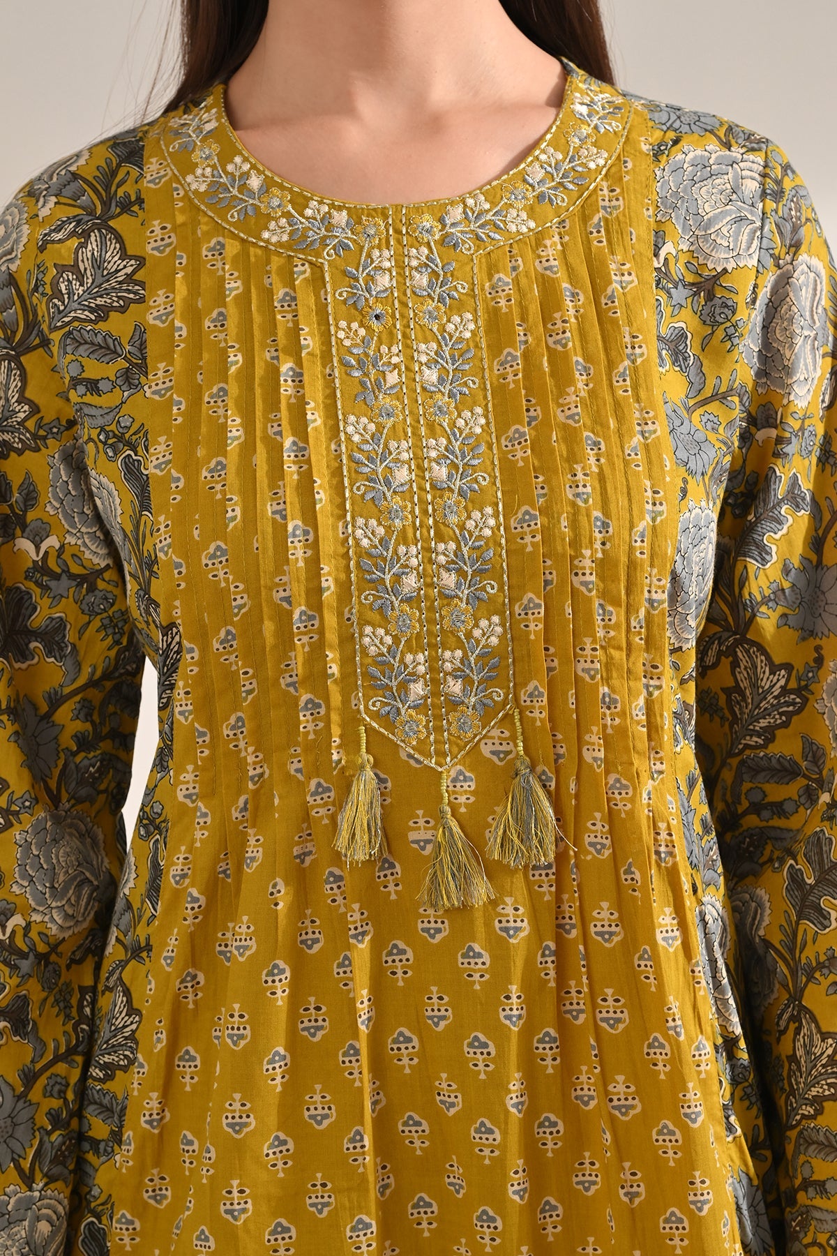 Mustard Pintex Printed A-line Kurta 3 Pcs Set