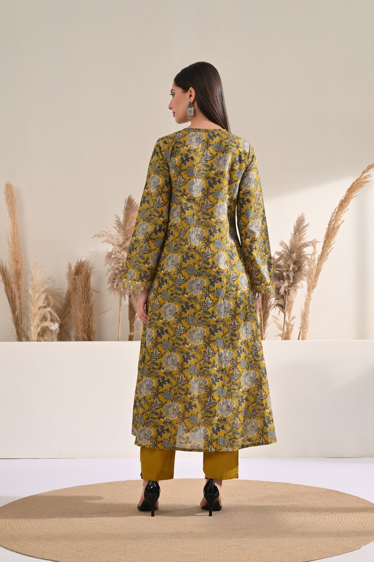 Mustard Pintex Printed A-line Kurta 3 Pcs Set