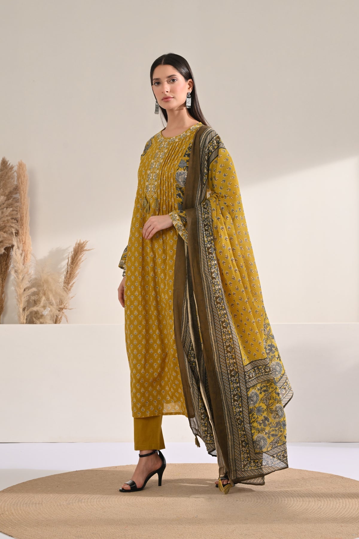 Mustard Pintex Printed A-line Kurta 3 Pcs Set