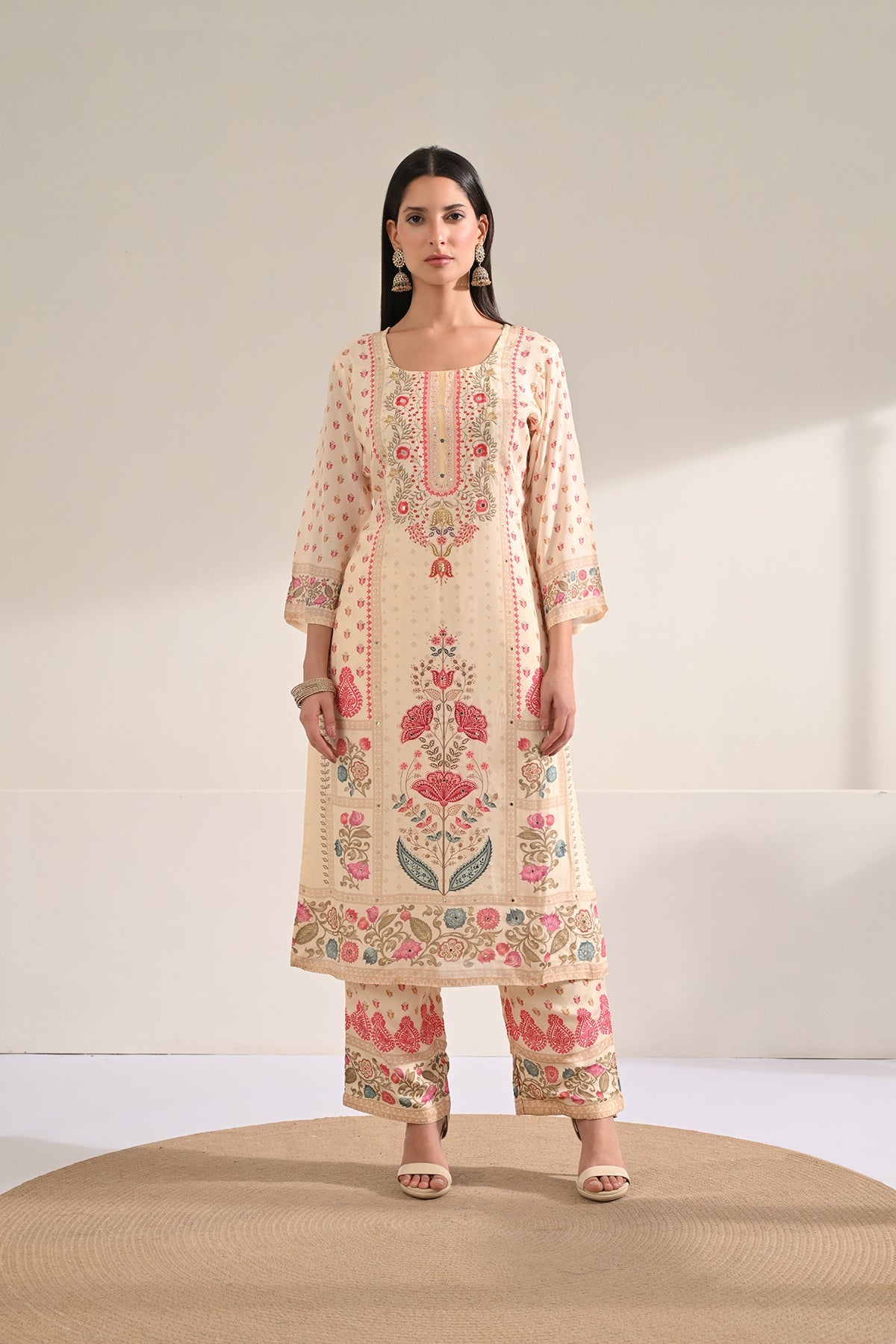 Cream Floral Printed Kurta 3 Pcs Set