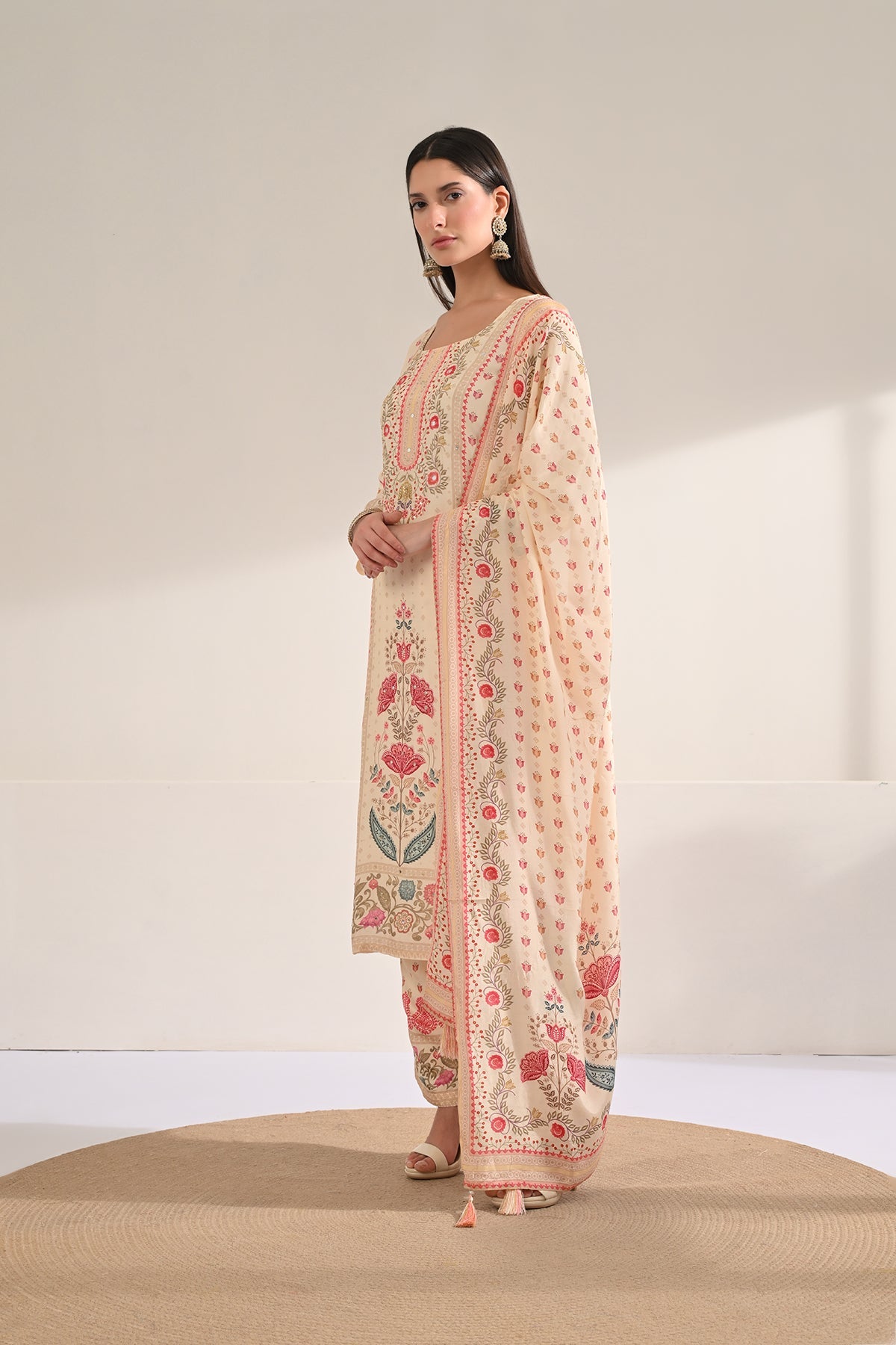 Cream Floral Printed Kurta 3 Pcs Set