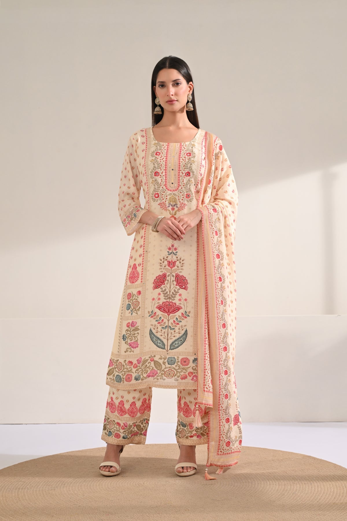 Cream Floral Printed Kurta 3 Pcs Set