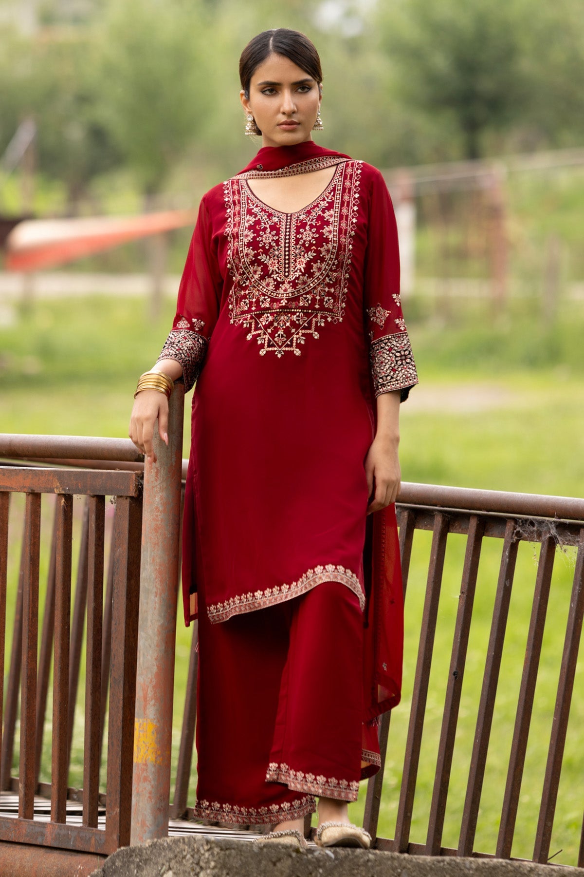 Maroon Embroidered Kurta 3 Pcs Set