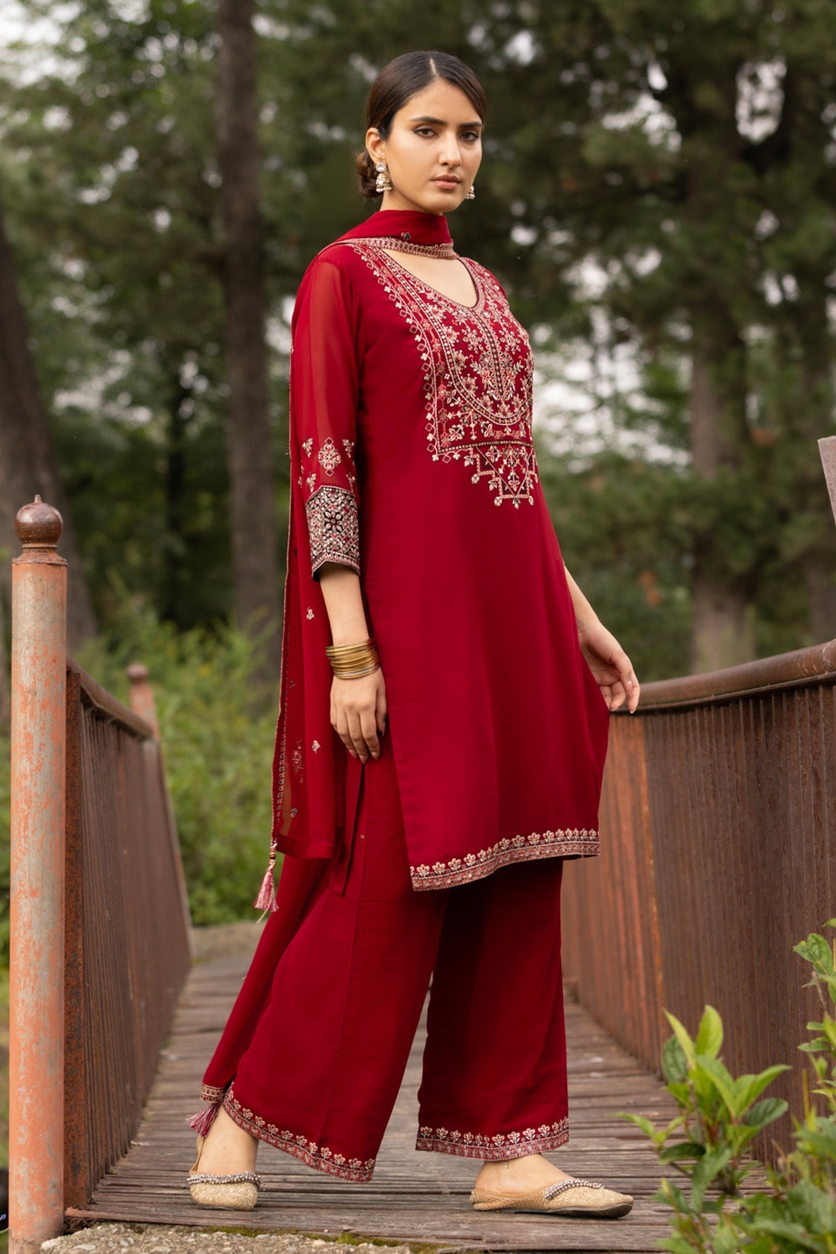 Maroon Embroidered Kurta 3 Pcs Set