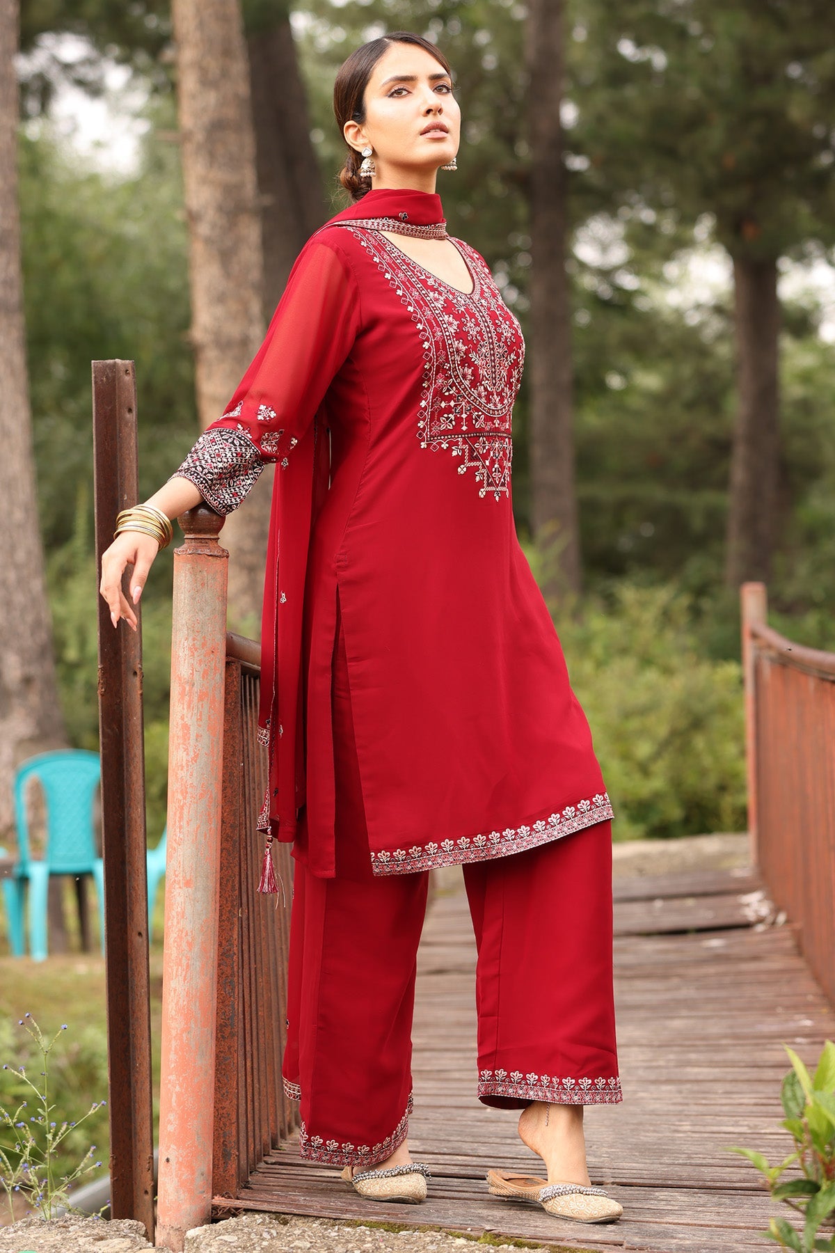 Maroon Embroidered Kurta 3 Pcs Set