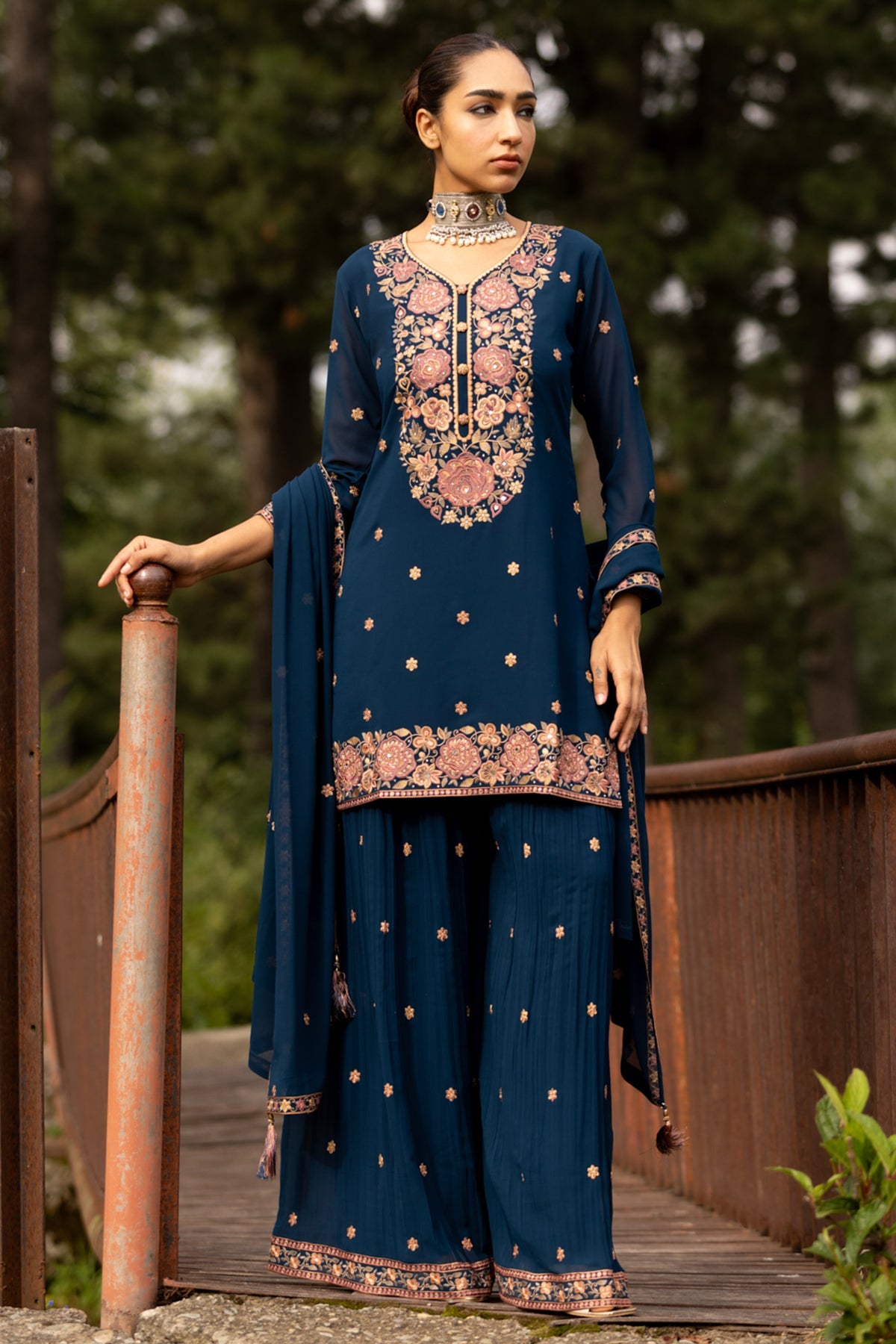 Blue Embroidered Kurta 3 Pcs Set