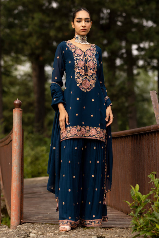 Blue Embroidered Kurta 3 Pcs Set