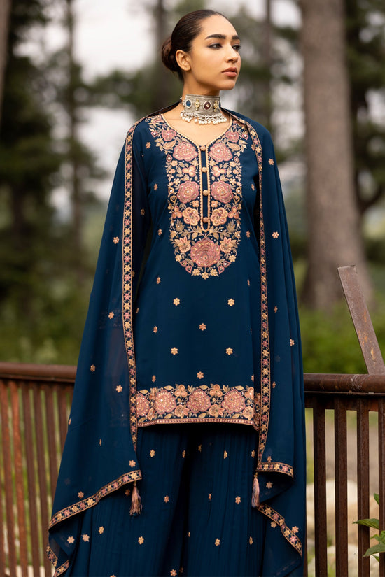 Blue Embroidered Kurta 3 Pcs Set