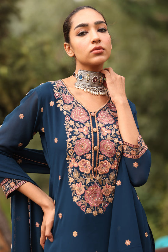 Blue Embroidered Kurta 3 Pcs Set