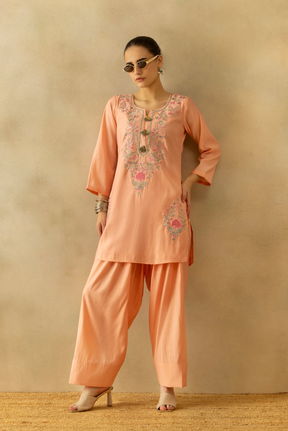 Peach Embroidered Kurta 2 Pcs Set